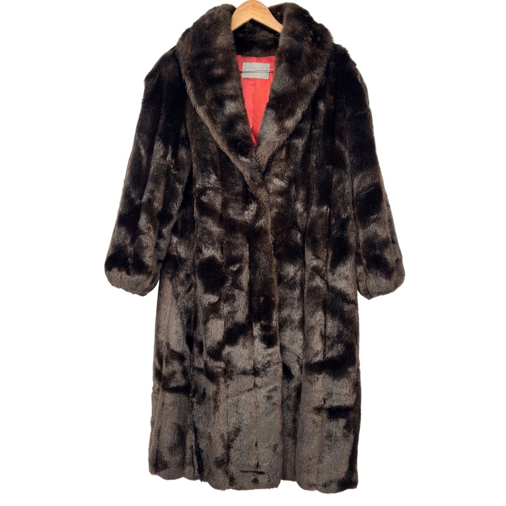 Vintage Jordache Faux Fur Coat Brown Midi Retro Glam‎ Made USA
